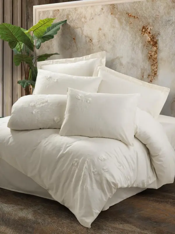 Cotton Box 3D Embroidered Double Sized Satin Bedding Set Pure Ecru - NEVRESIMDUNYASI
