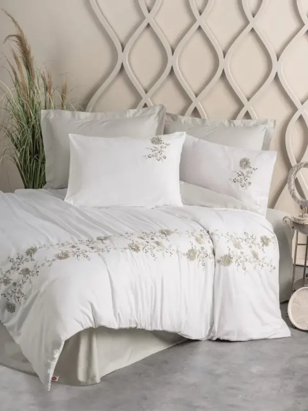 Cotton Box 3D Embroidered Double Sized Satin Duvet Cover Set Urian Beige - 1