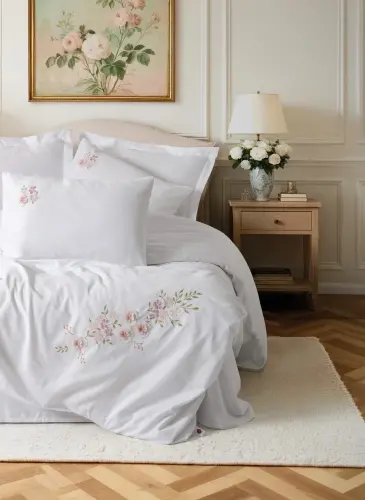 Cotton Box 3D Nakışlı Çift Kişilik Saten Nevresim Takımı Floret Beyaz - 1