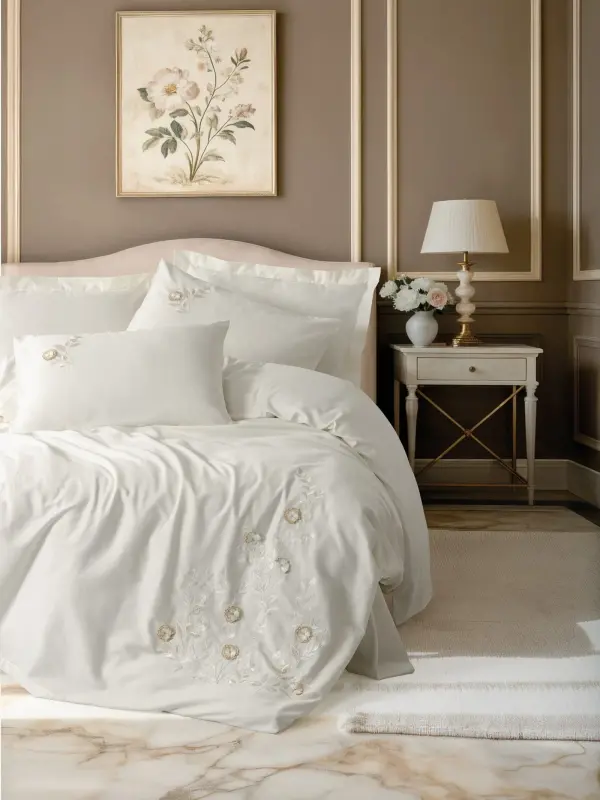 Cotton Box 3D Nakışlı Çift Kişilik Saten Nevresim Takımı Gilded Ekru - NEVRESIMDUNYASI