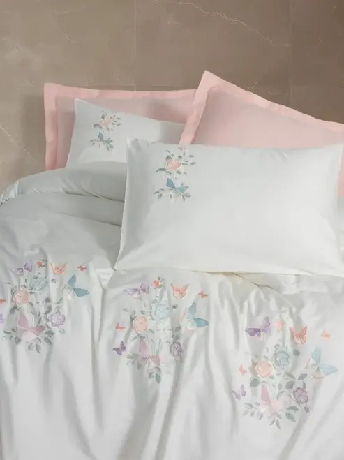 Cotton Box 3D Nakışlı Çift Kişilik Saten Nevresim Takımı Liva Pudra - 2