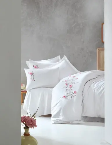 Cotton Box 3D Nakışlı Çift Kişilik Saten Nevresim Takımı Perla Beyaz - 1