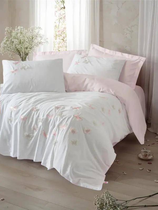 Cotton Box 3D Вышитый Двуспальный Сатиновый Комплект Постельного Белья Charming Пудра - 1