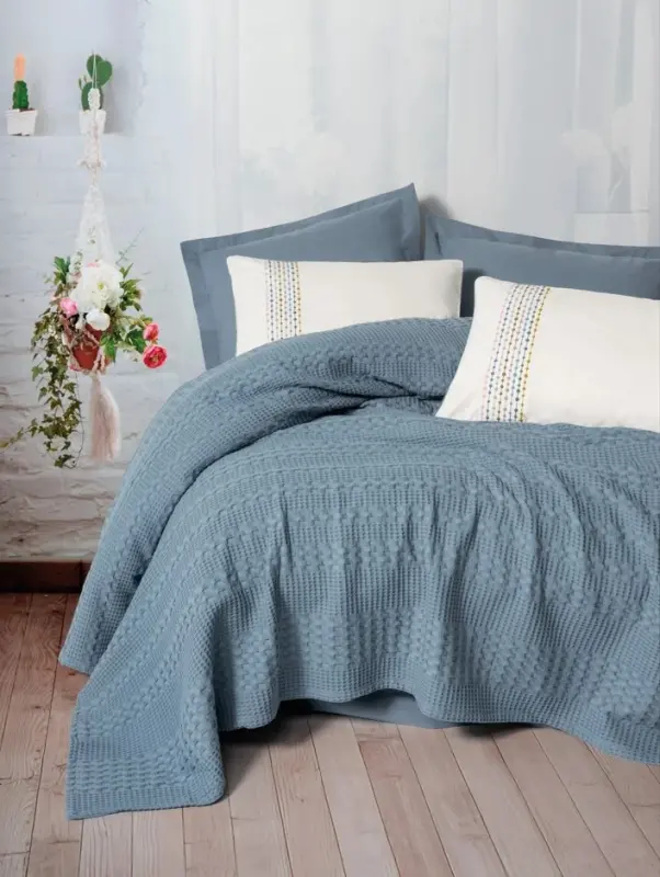 Cotton Box Aura Double Pique Set Pebble Indigo - NEVRESIMDUNYASI
