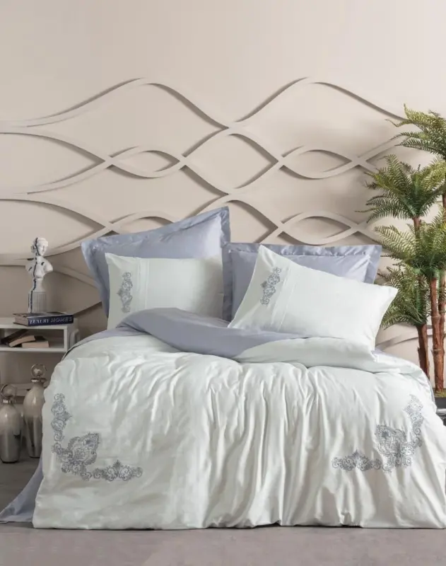 Cotton Box Brode Embroidered Double Size Satin Duvet Cover Set Bianna Gray - 2