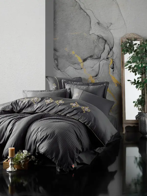 Cotton Box Brode Embroidered Double Size Satin Duvet Cover Set King Anthracite - NEVRESIMDUNYASI