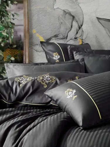 Cotton Box Brode Embroidered Double Size Satin Duvet Cover Set King Anthracite - 2