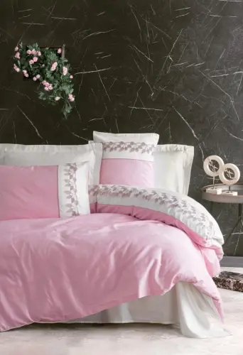 Cotton Box Brode Embroidery Double Sized Satin Bedding Set Niobe Pink - 3