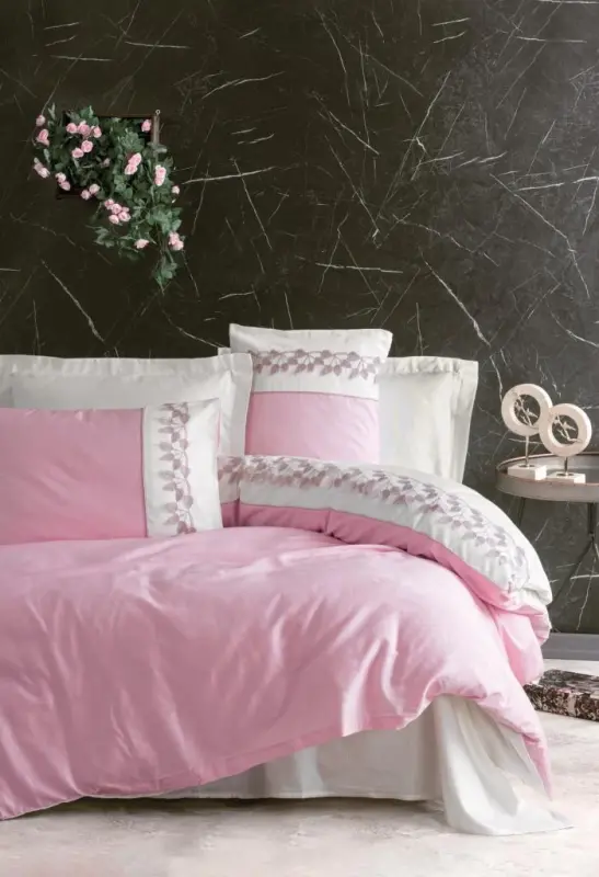 Cotton Box Brode Embroidery Double Sized Satin Bedding Set Niobe Pink - 3