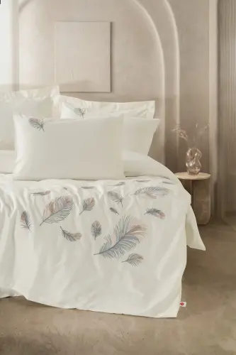Cotton Box Brode Nakışlı Çift Kişilik Saten Nevresim Takımı Alula Ekru - 1
