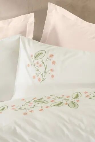 Cotton Box Brode Nakışlı Çift Kişilik Saten Nevresim Takımı Fleurine Somon - NEVRESIMDUNYASI (1)