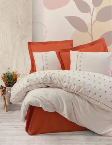 Cotton Box Brode Ranforce Double Bed Sheet Set Joli Brick - 1