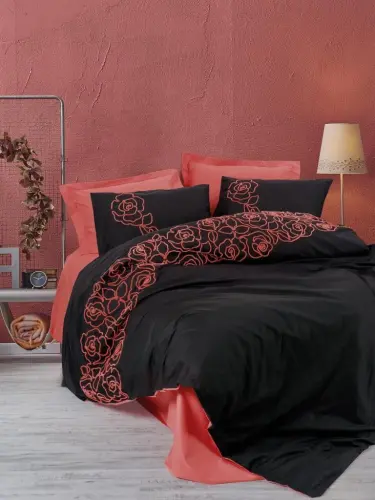Cotton Box Brode Ranforce Double Bed Sheet Set Rosen Mercan - 1