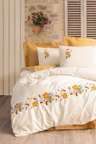 Cotton Box Brode Ranforce Double Duvet Cover Set Pamuya Mustard - 1