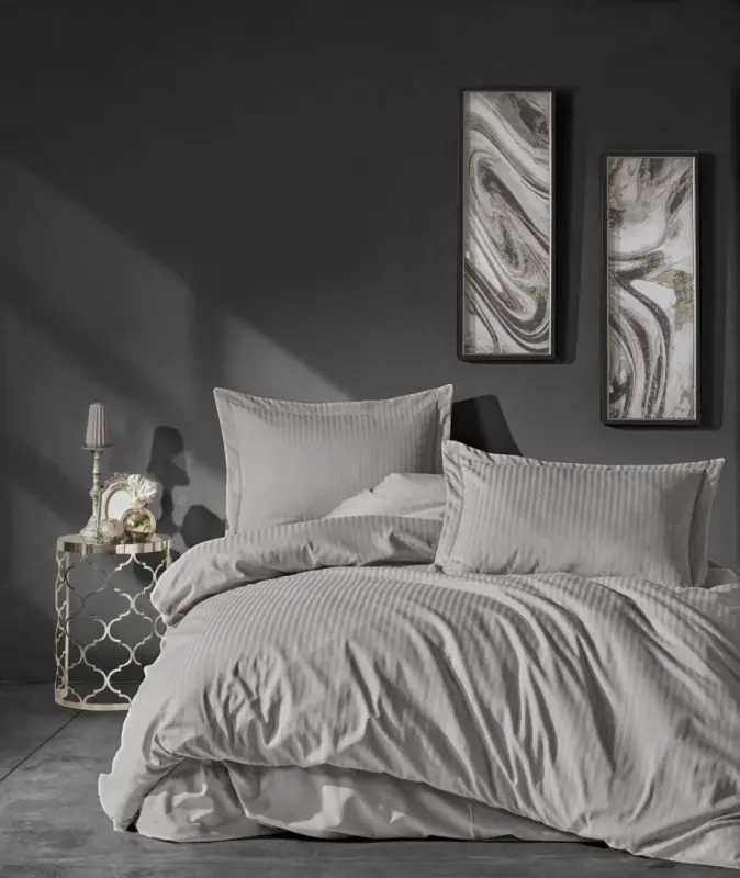 Cotton Box Çift Kişilik Saten Nevresim Takımı Elegante Stripe Bej - 1