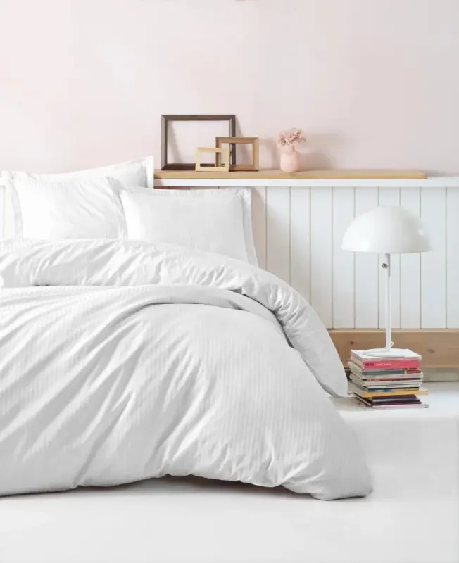 Cotton Box Çift Kişilik Saten Nevresim Takımı Elegante Stripe Beyaz - NEVRESIMDUNYASI