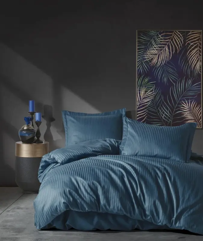 Cotton Box Double Satin Duvet Cover Set Elegante Stripe Blue - 1