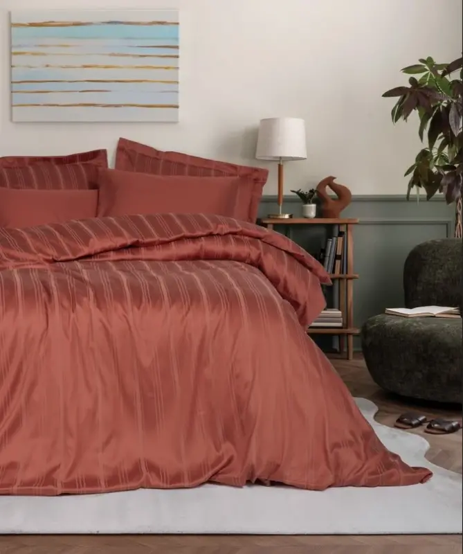 Cotton Box Double Smart Stripe Bamboo Satin Bedding Set Brick - 1