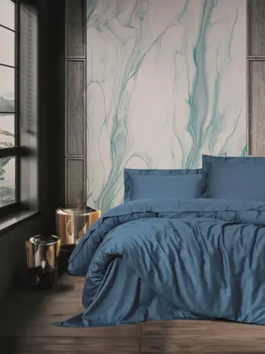 Cotton Box Elegant Blue Double Sized Satin Bedding Set - NEVRESIMDUNYASI (1)