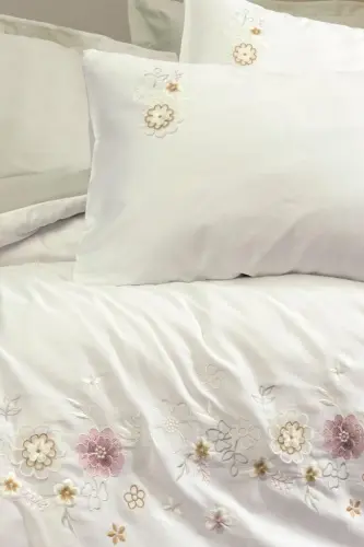 Cotton Box Embroidered Double Bed Satin Duvet Cover Set Jenka Mint - 2