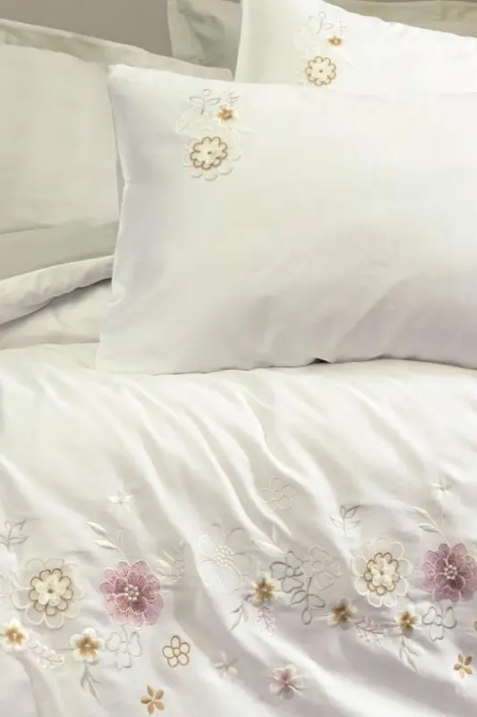 Cotton Box Embroidered Double Bed Satin Duvet Cover Set Jenka Mint - 2