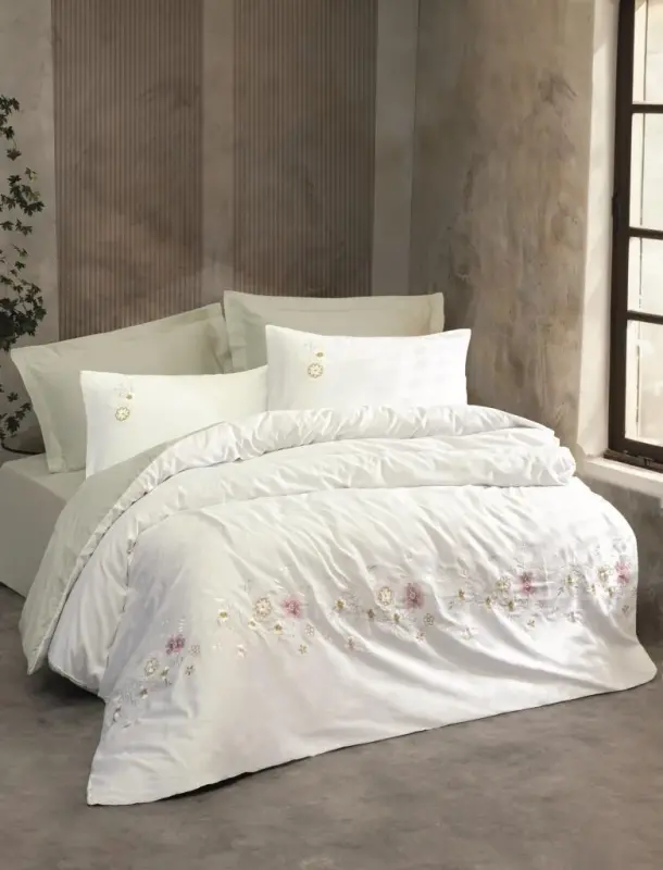 Cotton Box Embroidered Double Bed Satin Duvet Cover Set Jenka Mint - 3