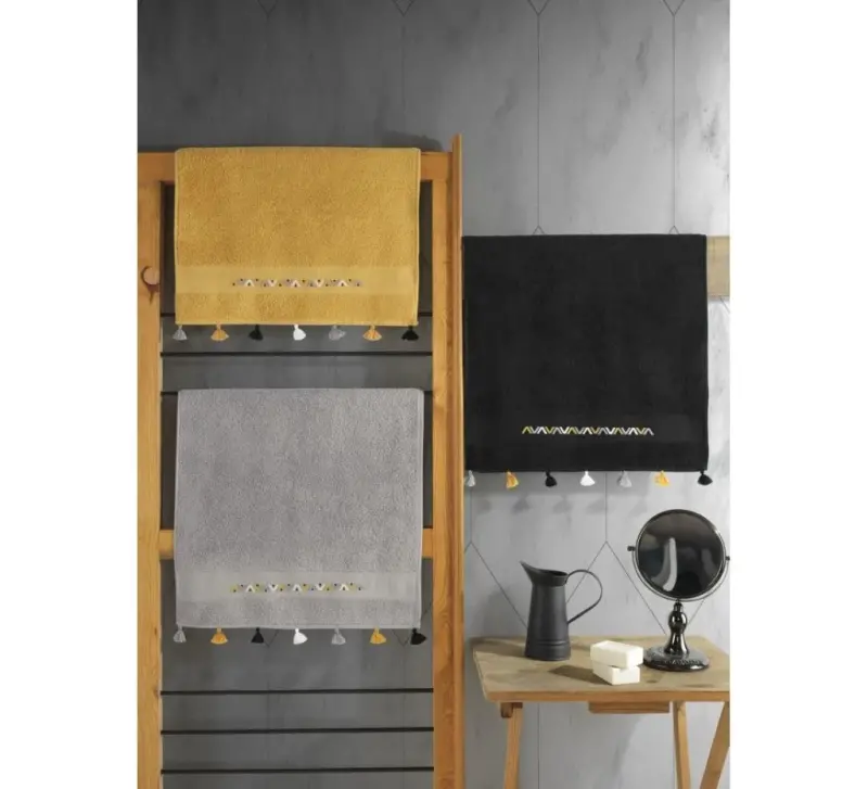 Cotton Box Fit V4 50x90 3-Piece Towel Set Black/Mustard/Grey - NEVRESIMDUNYASI