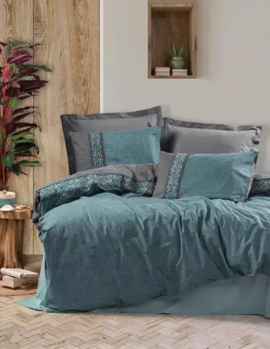 Cotton Box Folk Art Double Bed Sheet Set Erna Petrol - 1