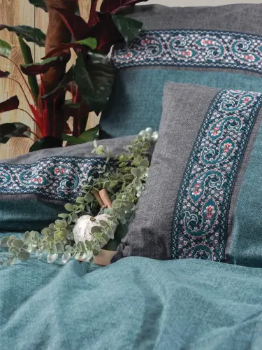 Cotton Box Folk Art Double Bed Sheet Set Erna Petrol - NEVRESIMDUNYASI (1)