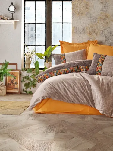 Cotton Box Folk Art Double Duvet Cover Set Mink - 1