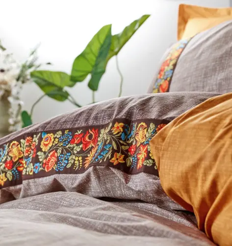 Cotton Box Folk Art Double Duvet Cover Set Mink - NEVRESIMDUNYASI (1)