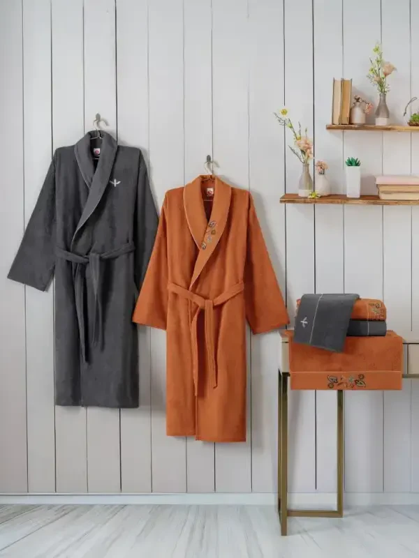 Cotton Box Folk Art Family Bathrobe Set Dalila Cinnamon-Anthracite - NEVRESIMDUNYASI