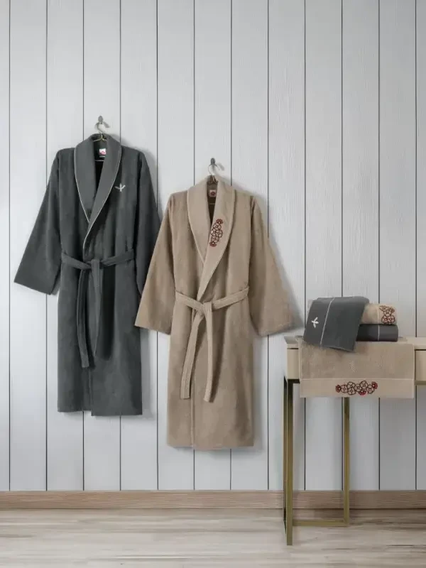 Cotton Box Folk Art Family Bathrobe Set Yamka Beige-Anthracite - NEVRESIMDUNYASI