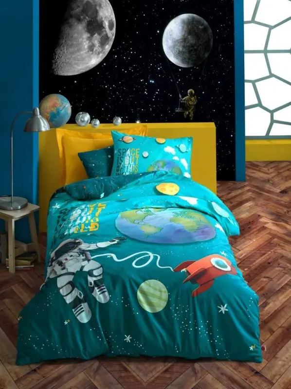 Cotton Box Genç Ranforce Nevresim Takımı Tek Kişilik Little Astronaut Turkuaz - NEVRESIMDUNYASI