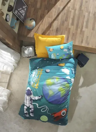 Cotton Box Genç Ranforce Nevresim Takımı Tek Kişilik Little Astronaut Turkuaz - NEVRESIMDUNYASI (1)