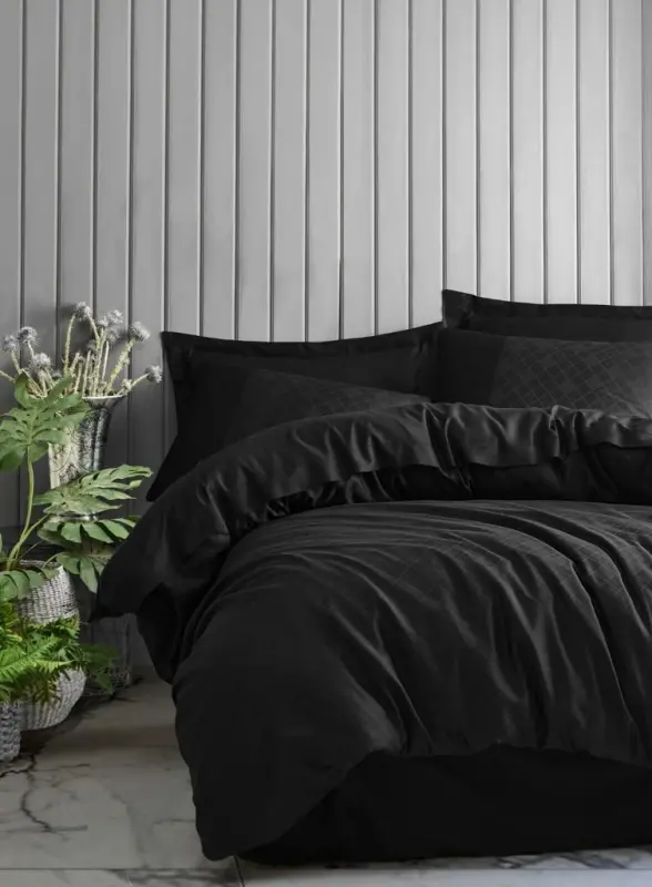 Cotton Box King-Size Jacquard Satin Duvet Cover Set Black Checkerboard - NEVRESIMDUNYASI