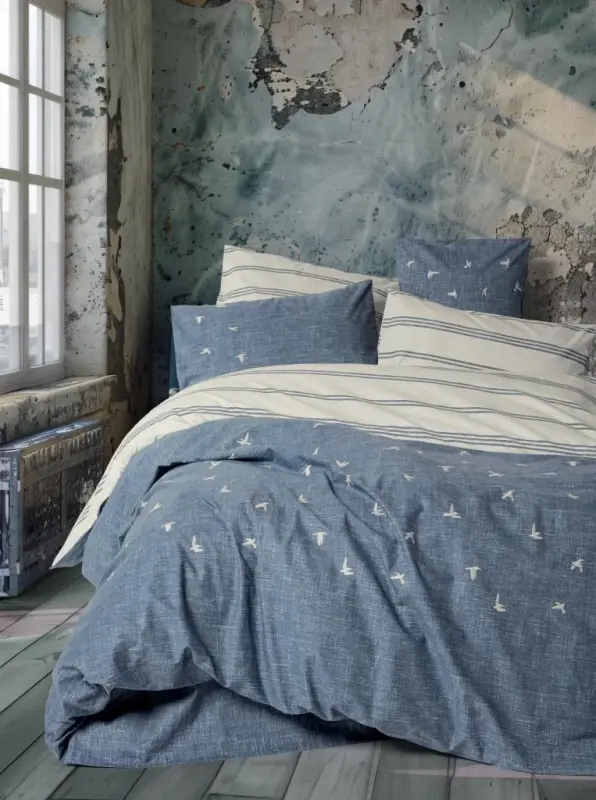Cotton Box Klein Embroidered Double Duvet Cover Set Ceria Navy Blue - NEVRESIMDUNYASI