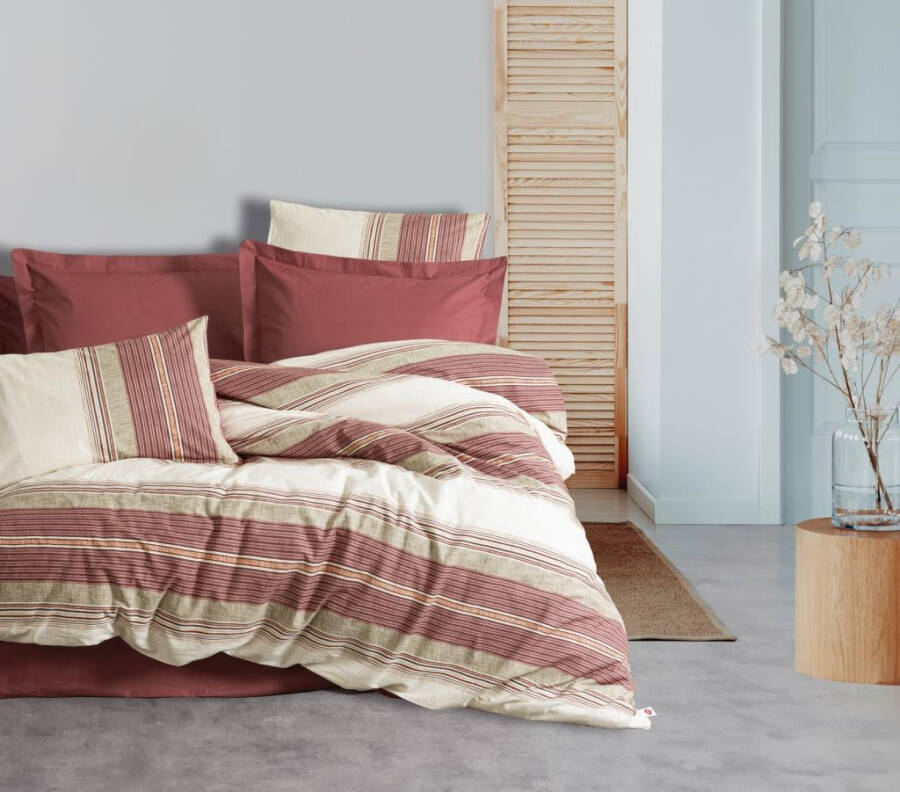 Cotton Box Line Double Bed Duvet Cover Set Kenway Burgundy - 1