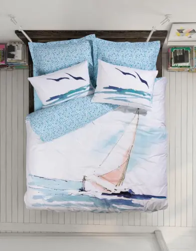 Cotton Box Maritime Double Bed Sheet Set Sail Blue - 1