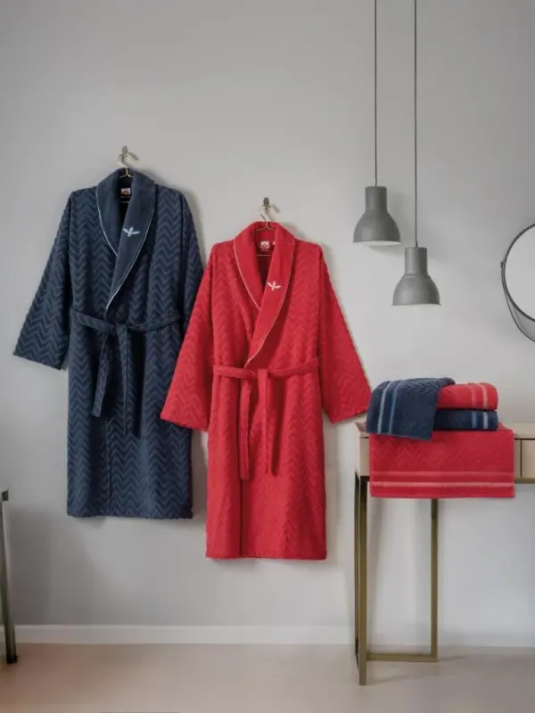 Cotton Box Masculine Family Bathrobe Set Abel Red-Navy Blue - NEVRESIMDUNYASI