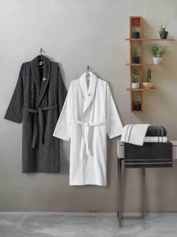Cotton Box Masculine Family Bathrobe Set Carlos White-Anthracite - NEVRESIMDUNYASI