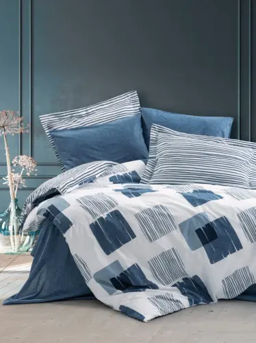 Cotton Box Modern Double Bed Sheet Set Solito Indigo - NEVRESIMDUNYASI (1)
