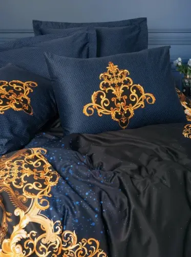 Cotton Box Palace Satin Double Bed Linen Set Incense Blue - NEVRESIMDUNYASI (1)
