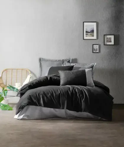 Cotton Box Plain Double Duvet Cover Set Black Grey - 1