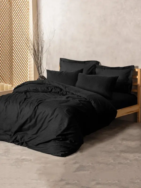 Cotton Box Plain Plaid Double Bed Duvet Cover Set Black - 1