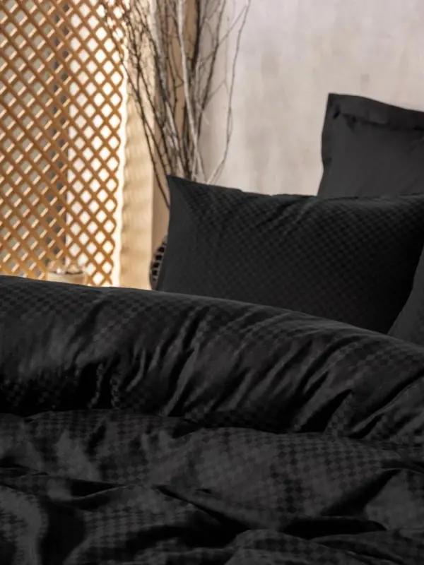 Cotton Box Plain Plaid Double Bed Duvet Cover Set Black - 2