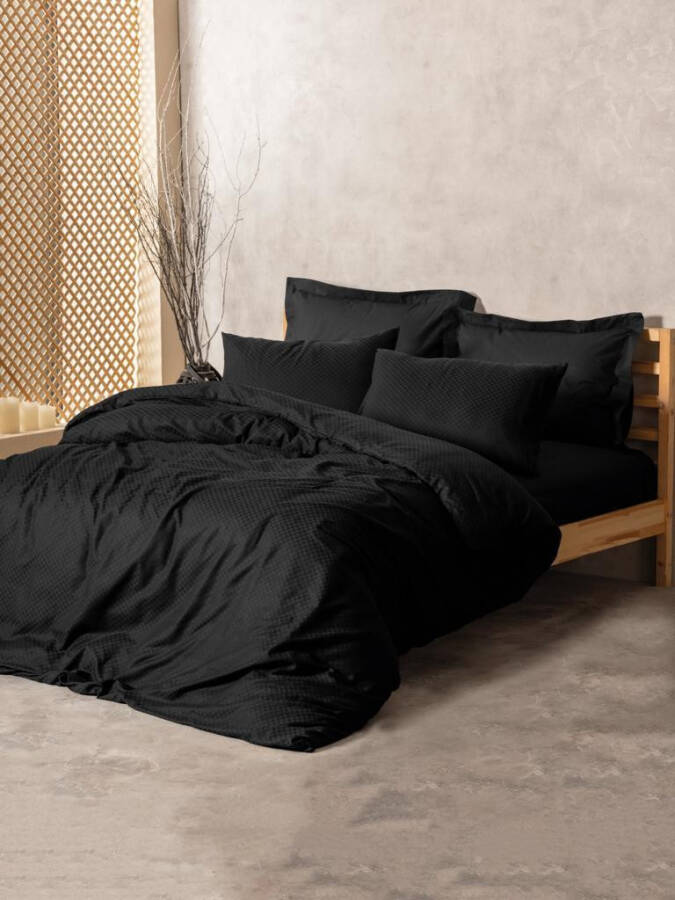 Cotton Box Plain Plaid Double Bed Duvet Set Black - 4