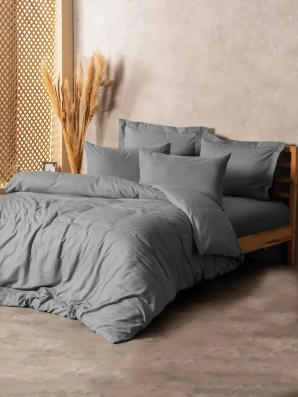 Cotton Box Plain Plaid Double Bed Sheet Set Gray - 1
