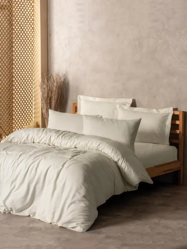 Cotton Box Plain Plaid Double Duvet Cover Set Cream - NEVRESIMDUNYASI