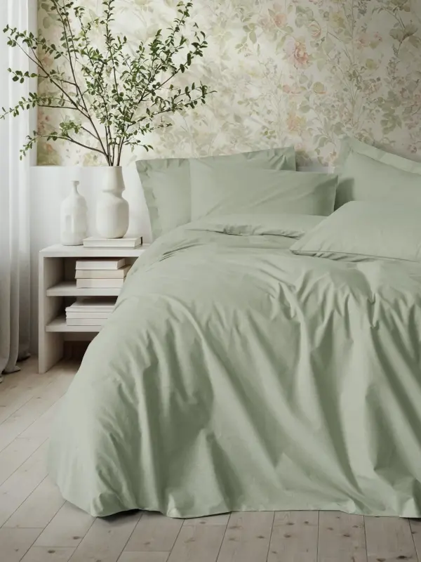 Cotton Box Plain Sage Single Ranforce Duvet Cover Set - 1